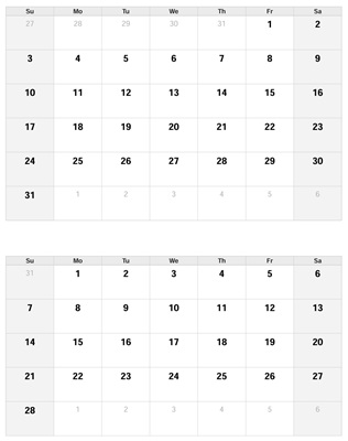 Preview of the 2026 2 months per page, sunday printable PDF