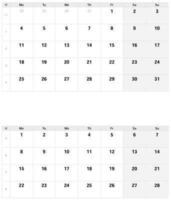 Preview of the 2026 2 months per page, monday-week-numbers printable PDF